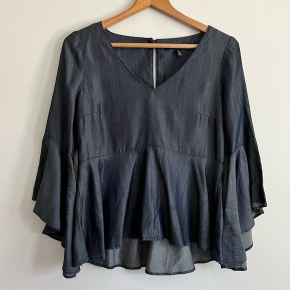 White House Black Market Chambray Soft Bell Sleeve Boho Blouse - Picture 1 of 6